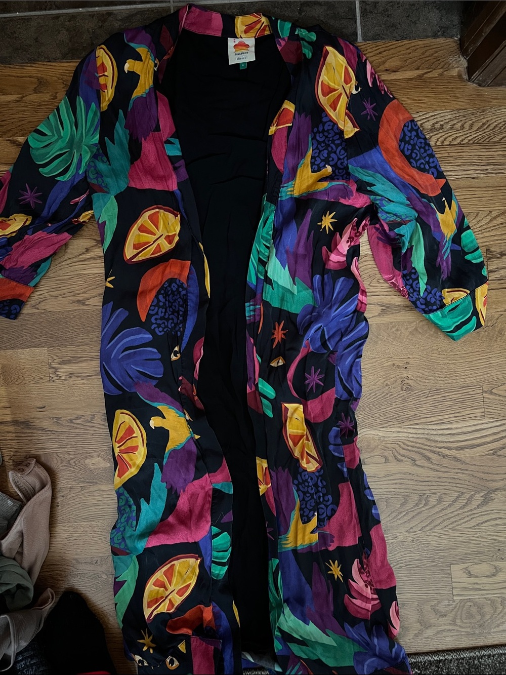 FARM Rio Black Multicolor Tropical Print Duster - flawed